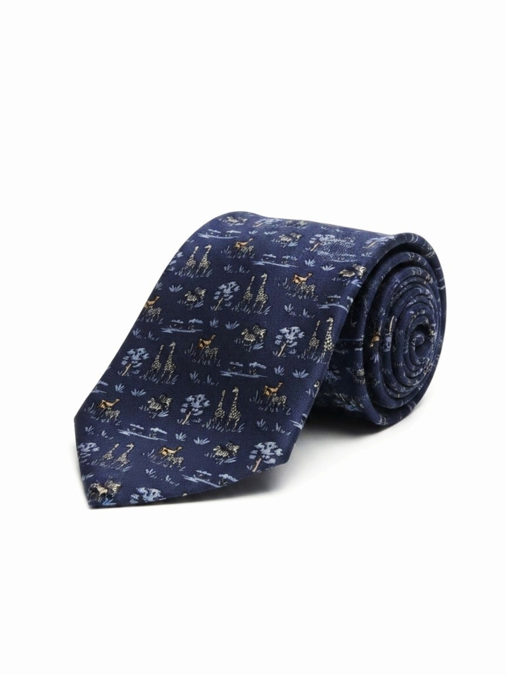 Salvatore Ferragamo Safari Animal Silk Tie Navy Blue Giraffe Zebra Made in Italy